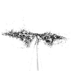 Abstract black and white cityscape with central road leading to a complex urban structure design