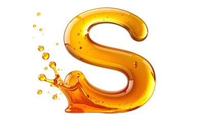Golden liquid letter "S" shaped, detailed texture, splash effect, against black backdrop