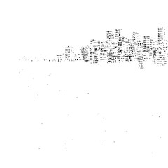 A black and white cityscape silhouette featuring buildings and structures against a stark white background