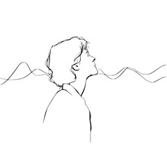 Line art of a person looking up with wavy lines emanating from their head in black and white style