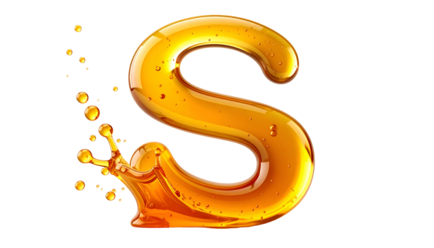 Golden liquid letter "S" shaped, detailed texture, splash effect, against black backdrop