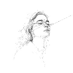 Abstract sketch of a woman with eyes covered and disintegrating edges in black and white style