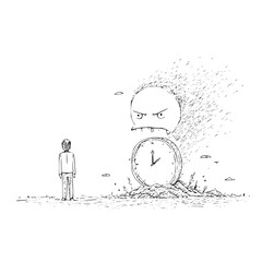 A person faces a broken clock with an angry face disintegrating above it in a sketch style drawing