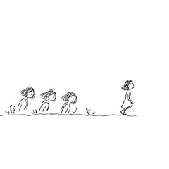 Illustration of a girl walking away from three figures on a white background with sparse vegetation
