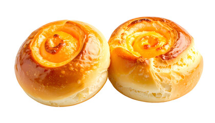 Two golden-brown, baked swirl buns with a bright yellow, creamy filling