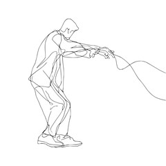 Continuous line drawing of a man reaching towards a flowing line in a minimalist style illustration