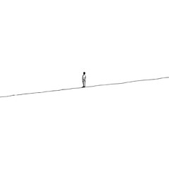 A minimalist illustration of a lone figure standing on a horizon line in a vast white space landscape