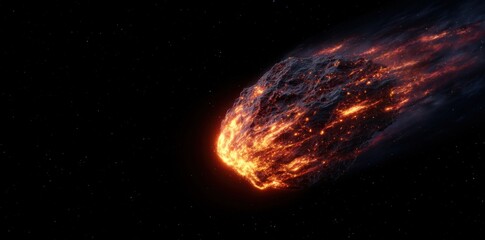 Fiery meteor burning with bright orange flames and glowing trails against dark starry space background. Cosmic disaster and celestial phenomenon concept.