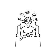 Man in bed with sun moon and cloud icons above his head representing thoughts or dreams in black and white