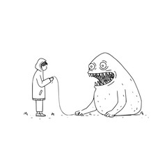 A hooded figure holds a leash attached to a large cartoon monster with sharp teeth and bulging eyes