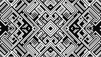 Geometric abstract pattern in black and white with intricate maze style lines forming symmetrical modern background design
