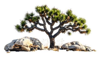 A desert tree with spiky, green foliage, a dark trunk, and large rocks below