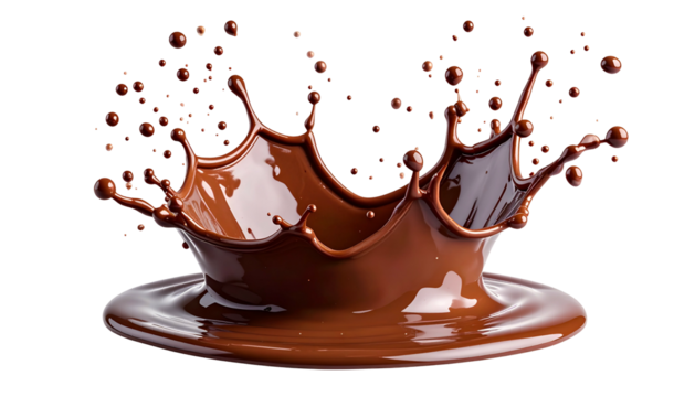 A crown-shaped splash of rich, dark chocolate, droplets suspended in mid-air on black