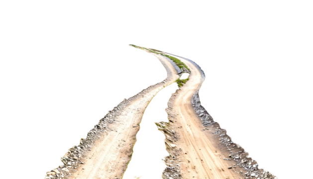 Winding dirt road receding into the distance, set against a stark black background