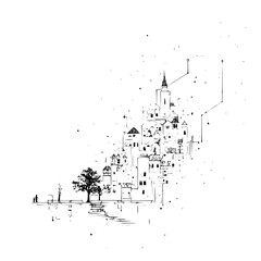 Fototapeta premium Illustration of a hilltop village with a couple standing nearby and abstract lines extending upward