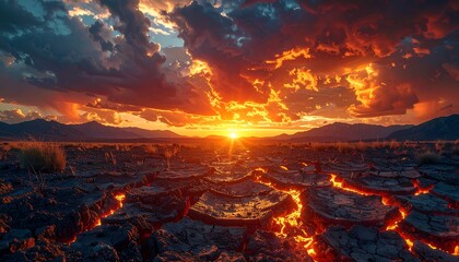 Dramatic sunset over cracked earth and distant mountains