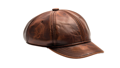 A close-up studio shot of a brown leather baseball cap against a black backdrop