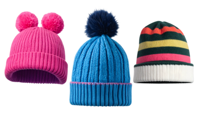 Three colorful, ribbed knit winter hats, each with a pom-pom or distinctive stripes