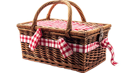 Close-up of a wicker picnic basket with red and white checkered cloth and ribbon