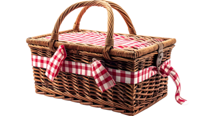 Close-up of a wicker picnic basket with red and white checkered cloth and ribbon