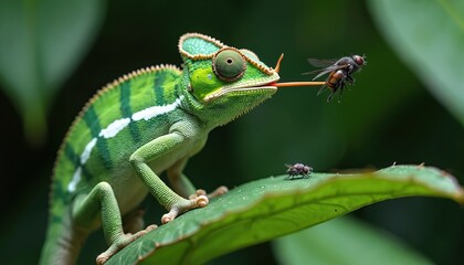 Fototapeta premium Green chameleon with bright stripes extends long sticky tongue to catch flying insect. Reptile sits on leaf waiting for prey. Another fly lands nearby on plant.