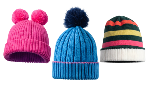 Three colorful, ribbed knit winter hats, each with a pom-pom or distinctive stripes