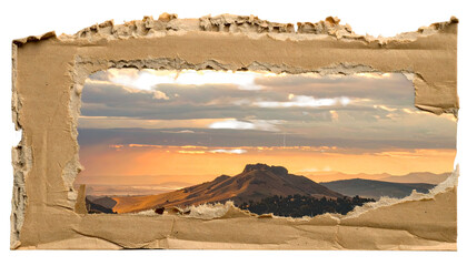Landscape scene seen through a torn, textured frame; mountain at sunset