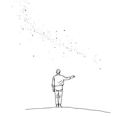 A man stands with his back to the viewer pointing at a milky way in a black and white line drawing style