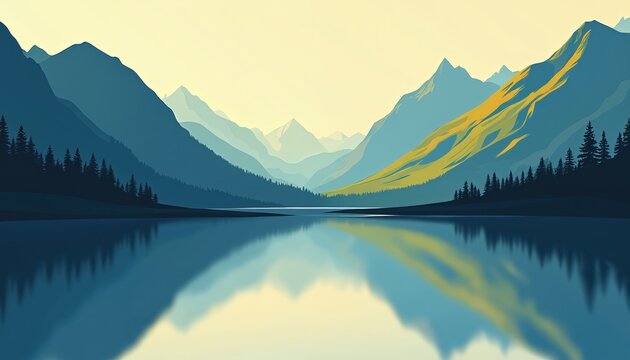 Illustration depicts a tranquil mountain lake reflecting scenic peaks trees. Nature landscape art shows a peaceful valley scenery. Blue water mirrors mountains sky creating serene atmosphere.