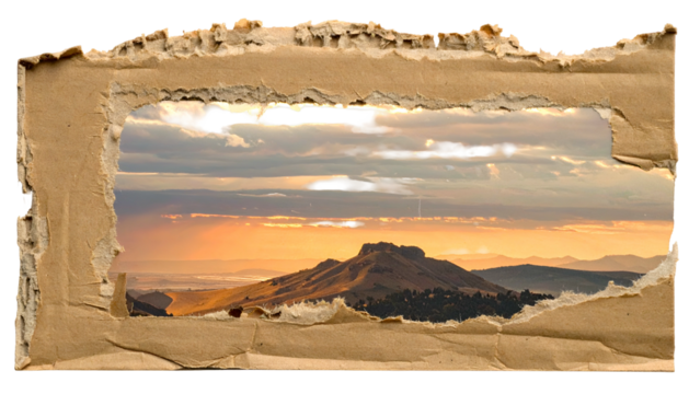 Landscape scene seen through a torn, textured frame; mountain at sunset