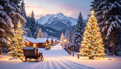 christmas winter landscape in the mountains