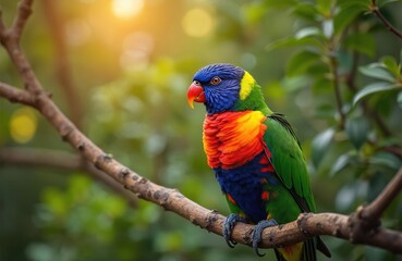 Obraz premium Rainbow lorikeet bird sits on branch. Colorful parrot with vibrant feathers perches in natural habitat. Exotic animal wildlife portrait with green background.