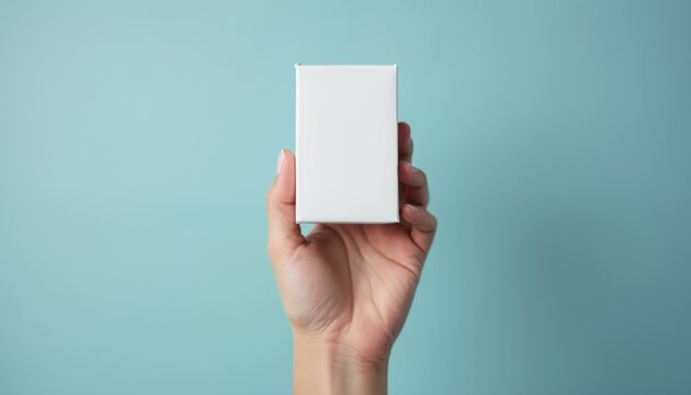 Person holds small blank white box in hand against soft blue background. Product packaging mockup shows branding concept. Perfect for design product presentation ideas. Ideal minimalist backdrop