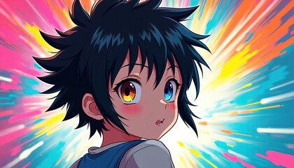 Anime character with dark spiky hair, heterochromia eyes looks surprised. Colorful abstract background with speed lines, paint splatters suggests motion, energy. Vibrant illustration art style.