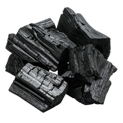 A pile of dark, charred wood pieces with visible cracks and textures, against a transparent background