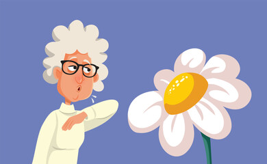 Senior Woman Suffering from Pollen Allergy Vector Illustration. Allergic granny coughing in her elbow in spring season
