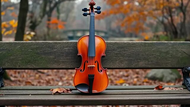 Beautiful violin resting on a park bench surrounded by autumn leaves and serene nature