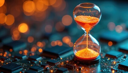 Hourglass with orange sand sits on computer circuit board. Represents time flow in modern technology world. Deadline, time pressure. Tech progress, microchips, digital components in hi tech industry.