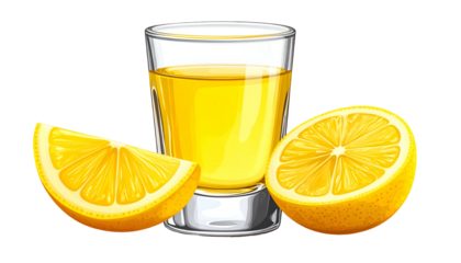 Cartoon illustration of a shot glass with yellow liquid next to two lemon slices