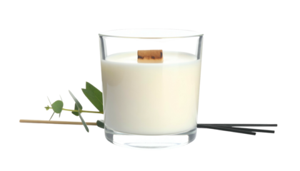 Clear candle with wood wick & reeds on black