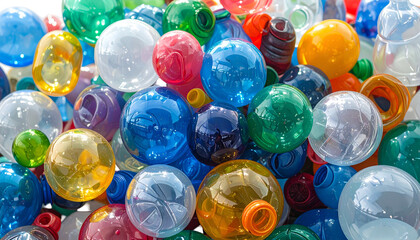 A vibrant close-up of colorful plastic spheres and forms, piled together in a chaotic heap