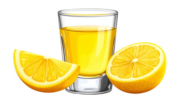 Cartoon illustration of a shot glass with yellow liquid next to two lemon slices - Powered by Adobe