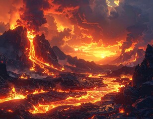 Dramatic volcanic landscape with flowing lava and fiery skies