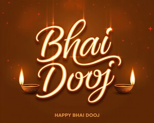A glowing Bhai Dooj greeting card featuring warm orange lights, decorative diyas, and elegant festive typography celebrating the bond between brothers and sisters.