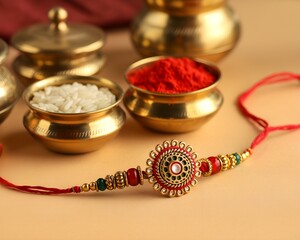 A traditional Rakhi beautifully placed beside brass bowls filled with rice and vermilion, symbolizing the sacred bond of Raksha Bandhan and Indian rituals.