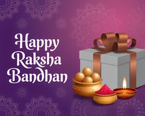 A vibrant Raksha Bandhan greeting card with gift box, sweets, diya, and traditional elements celebrating the love and bond between siblings.