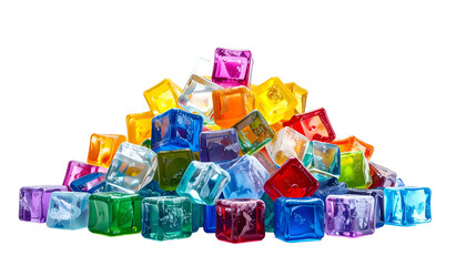 A colorful, translucent pile of cubed shapes, mimicking ice, against a black background