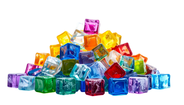 A colorful, translucent pile of cubed shapes, mimicking ice, against a black background