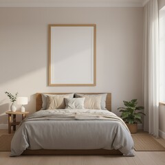 Minimalist bedroom with blank vertical poster.