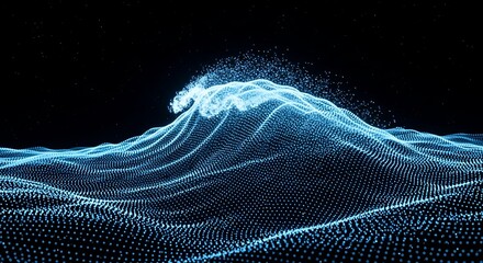 Abstract digital ocean wave composed of glowing blue particles representing data flow.